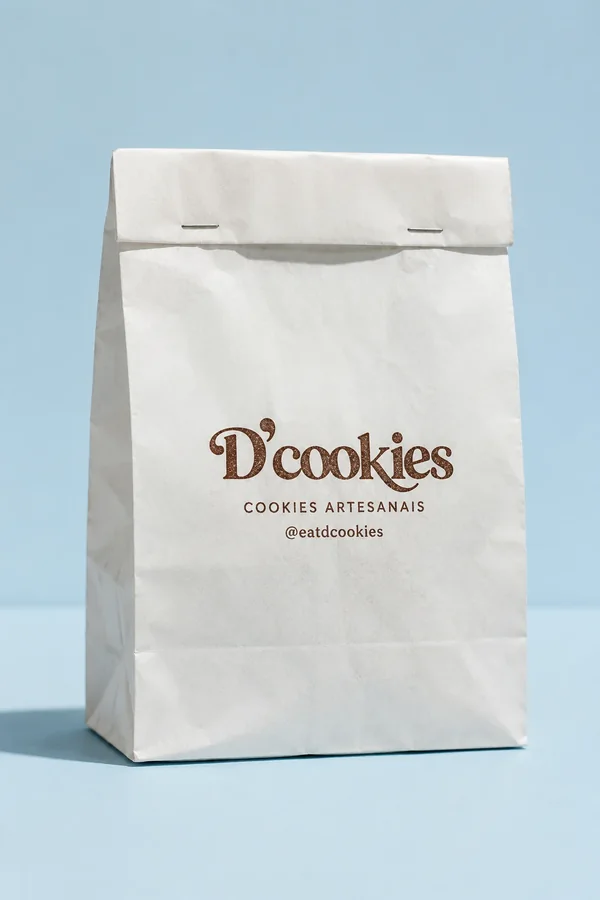 Sacola de papel branca com o logo D’cookies e “cookies artesanais”