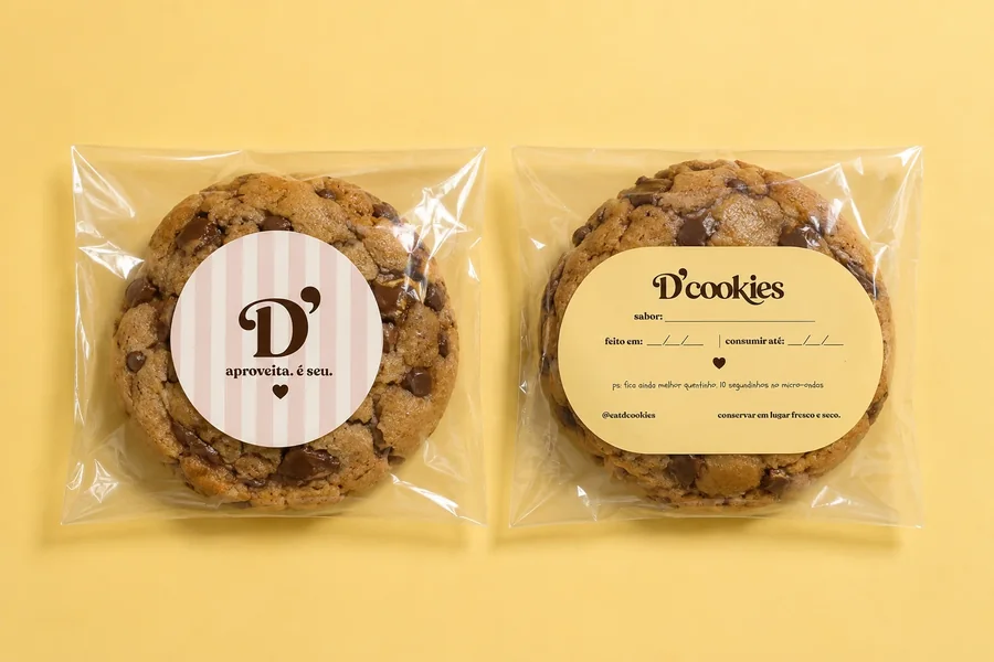 Cookies embalados com adesivo listrado “aproveita. é seu.” e etiqueta de validade amarela