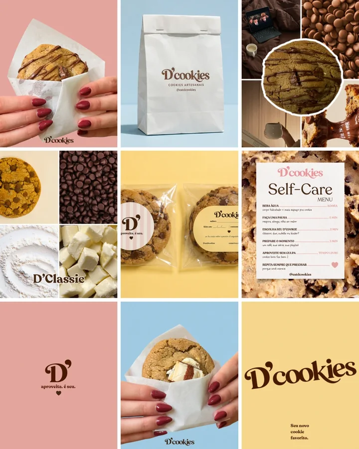 Grade do feed do Instagram da D’cookies em rosa, azul e amarelo