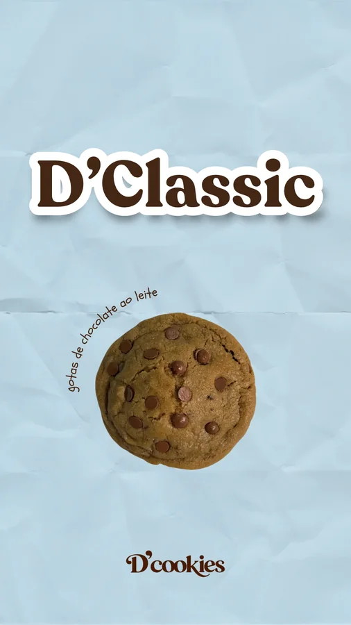 Story do D’Classic, gotas de chocolate ao leite, sobre papel azul