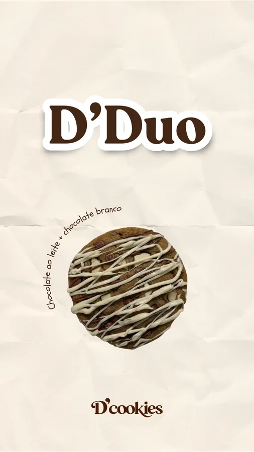 Story do D’Duo, chocolate ao leite e chocolate branco, sobre papel creme