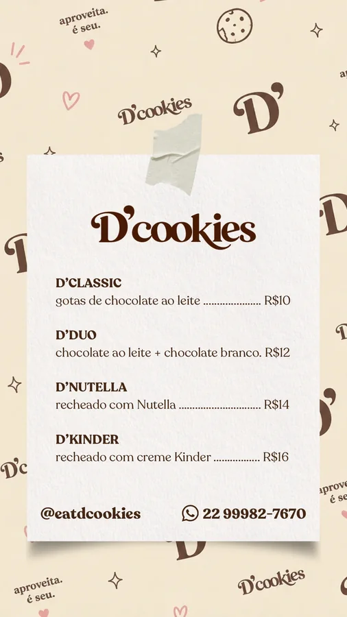 Cardápio da D’cookies preso com fita adesiva sobre o padrão da marca