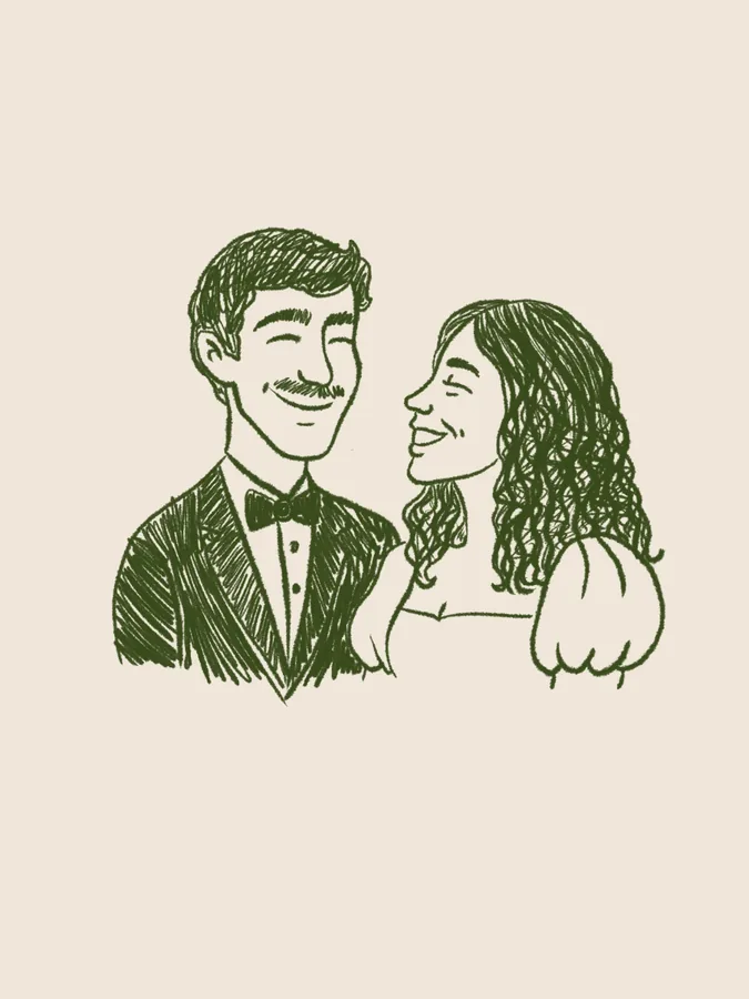 Ilustração do casal desenhada à mão em traço verde